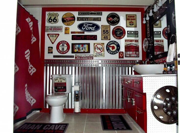 Car theme Man cave bathroom, Garage bathroom, Bathroom red