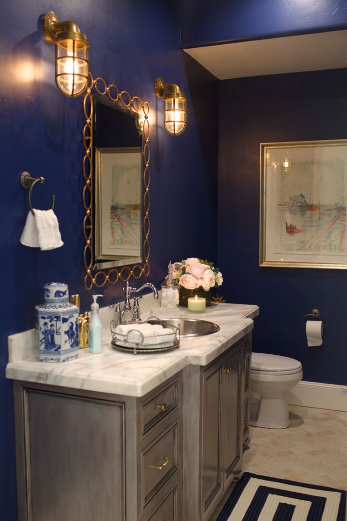 {my Style At Home} The Powder Room Gold bathroom decor, Blue bathroom