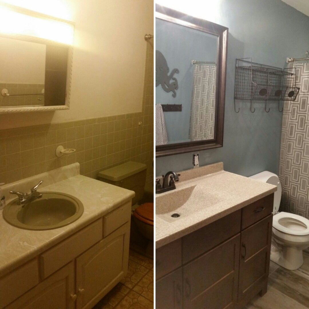 Before and after bathroom remodel of the 70's green nightmare. 70s