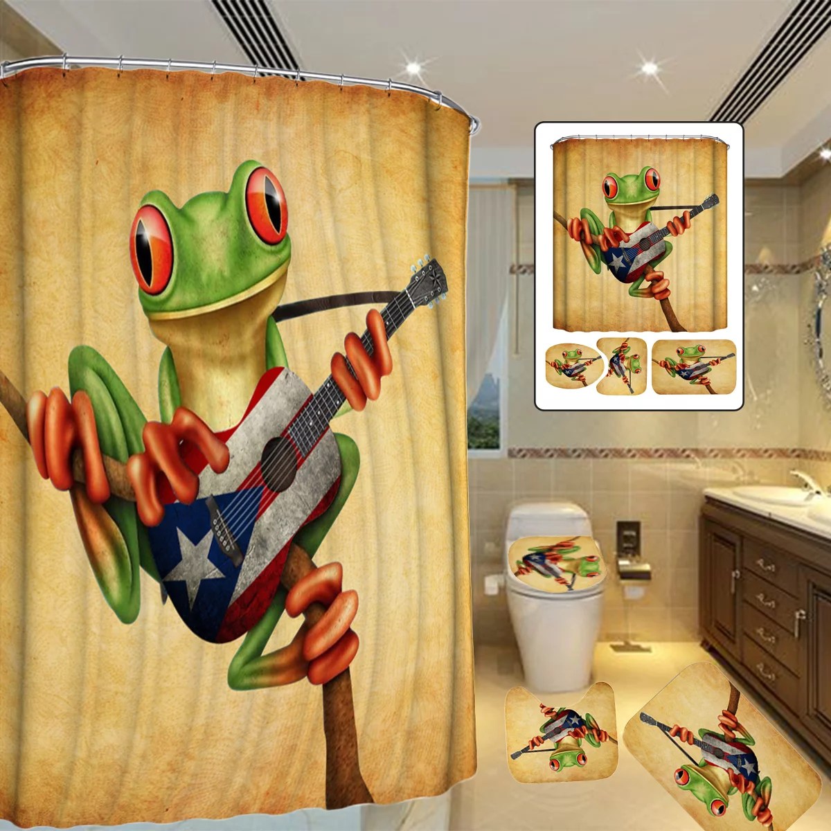 180x180cm Frog Playing Guitar Bath Bathroom Decor Shower Curtain NON