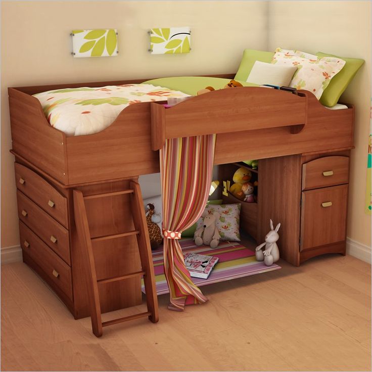 Low loft beds. Storage and a play area. Great space saver! Kids loft