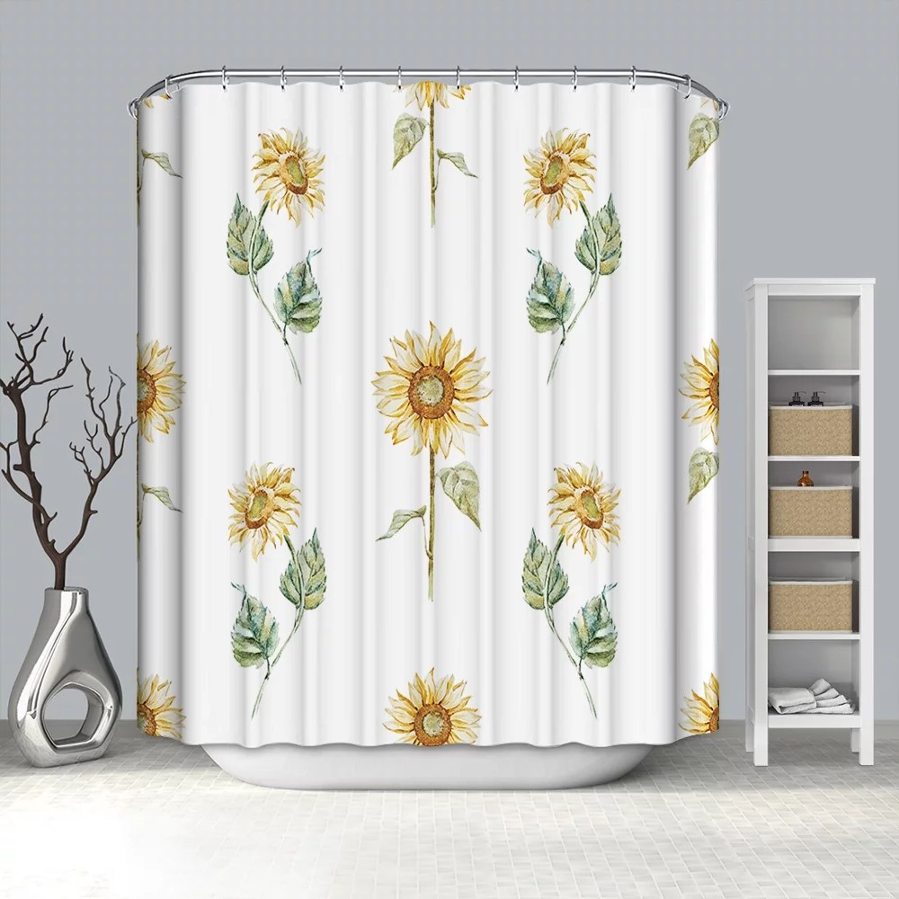 Sunflower Fabric Shower Curtain White Background Machine Washable