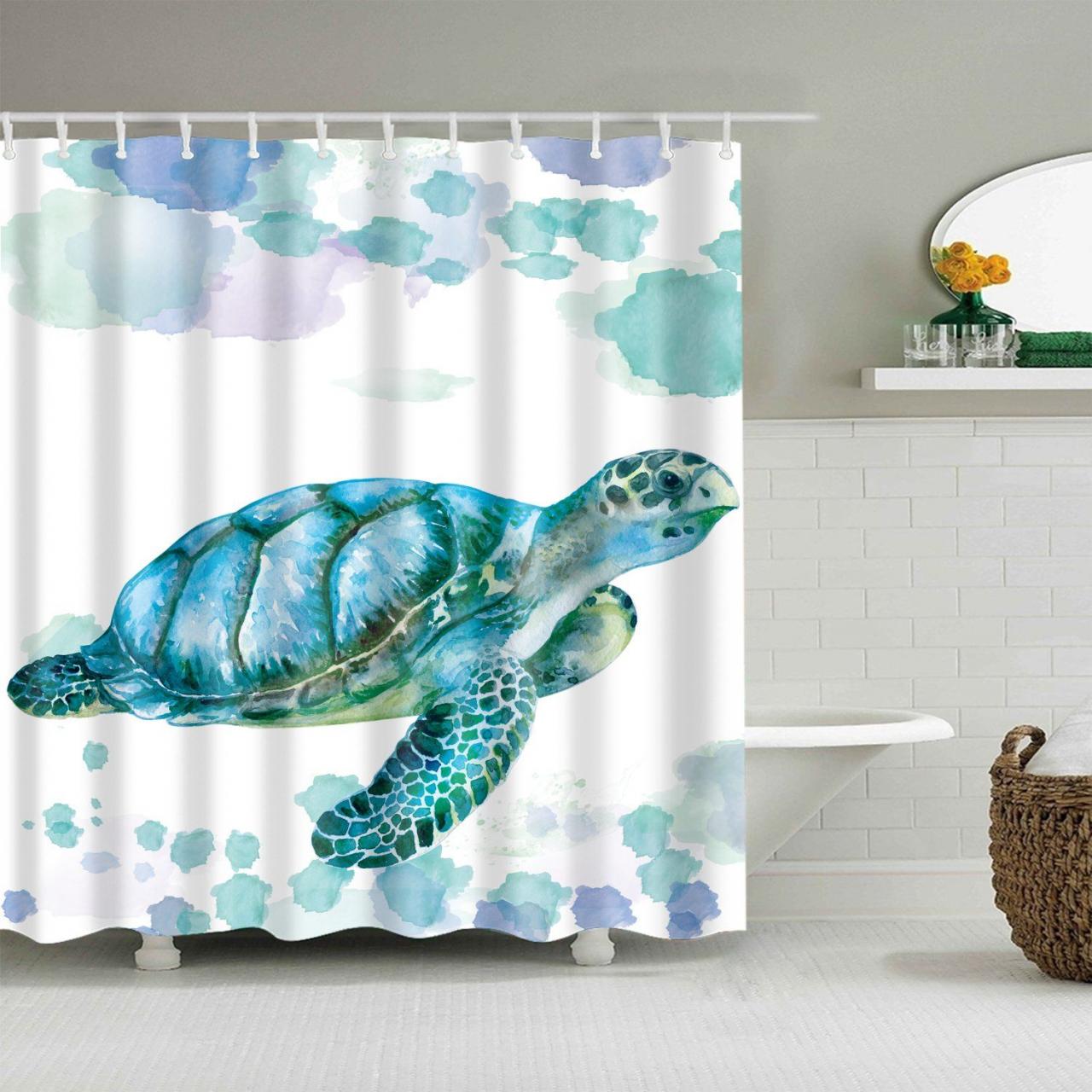 Sea Turtle Shower Curtain Set 4 Pcs, Cyan Green Art Bathroom Decor