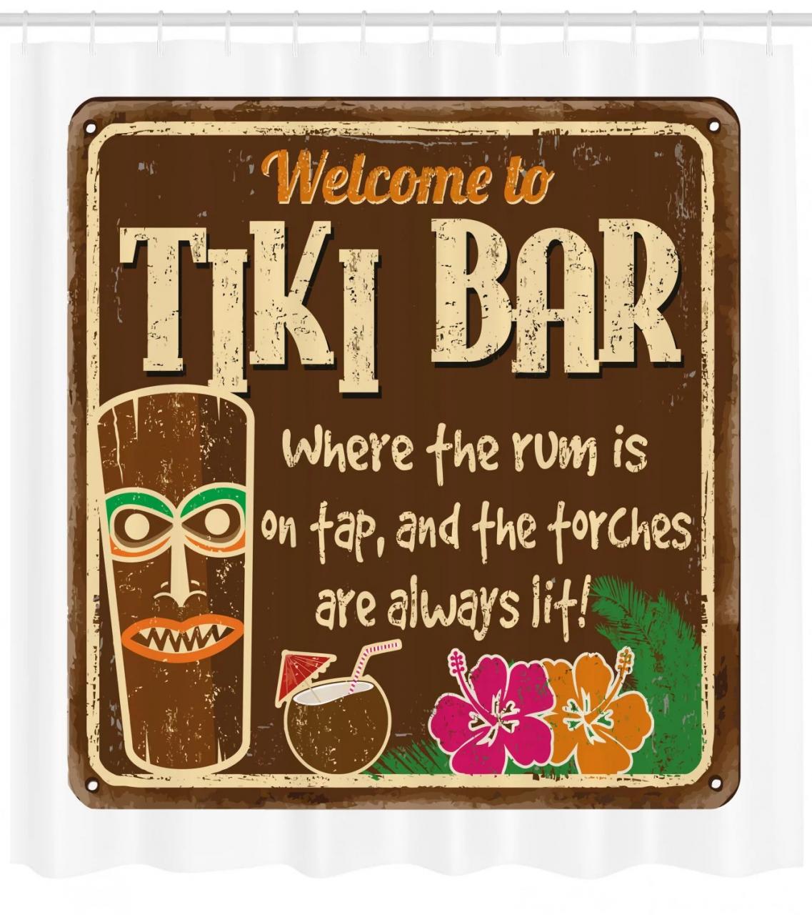 Tiki Bar Decor Shower Curtain, Aged Old Frame Sign of Tiki Bar with