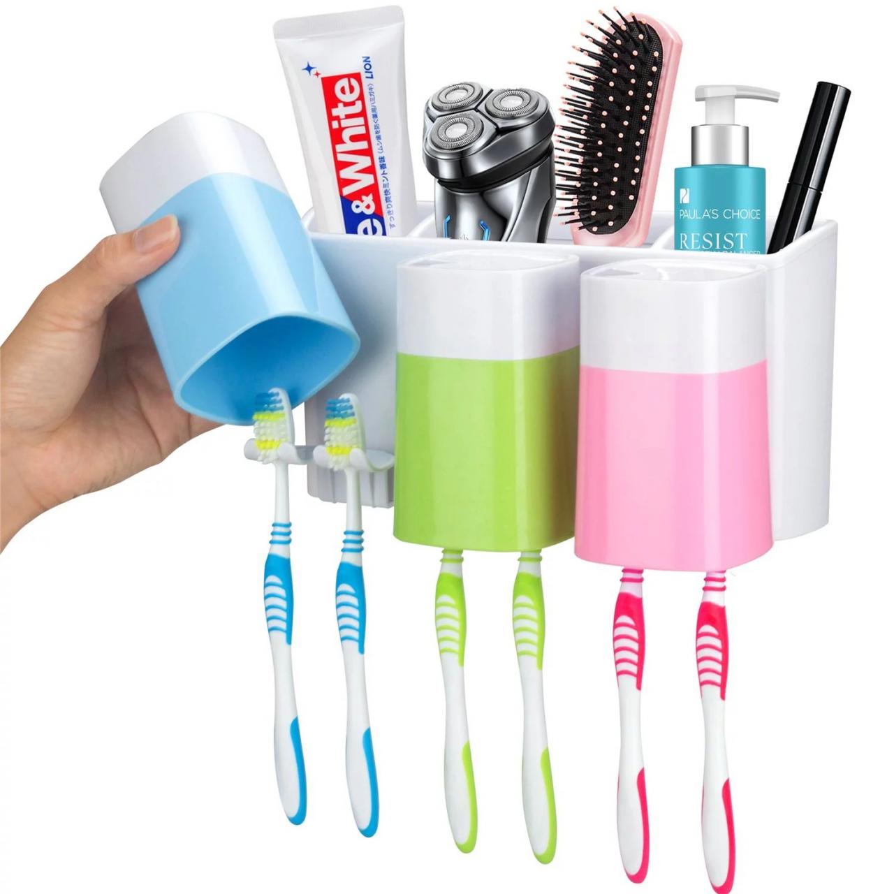 Toothbrush Holder Wall Mount 3 Cups Toothbrush Storage Set No Drill or