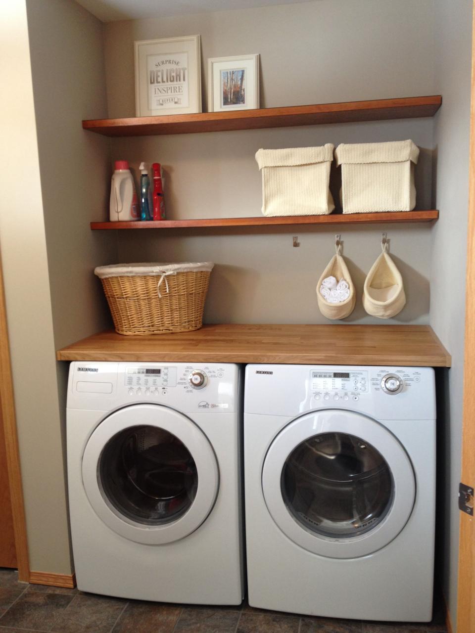 Laundry room floating shelves made from oak doors (stained and