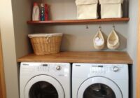 Laundry room floating shelves made from oak doors (stained and