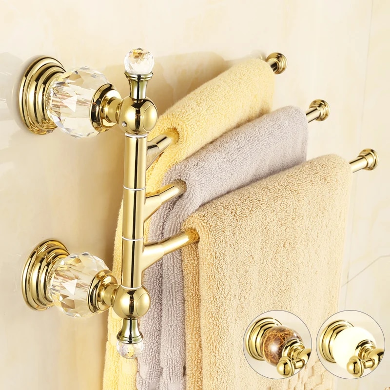 Antique Solid Brass Gold Towel Rack Crystal&Diamond Towel Bar 3 Rails