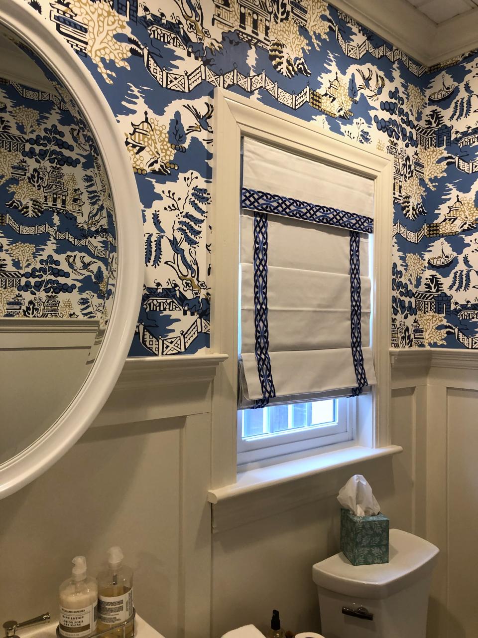 Blue and White Chinoiserie bathroom Roman Shade Bed, Bath and