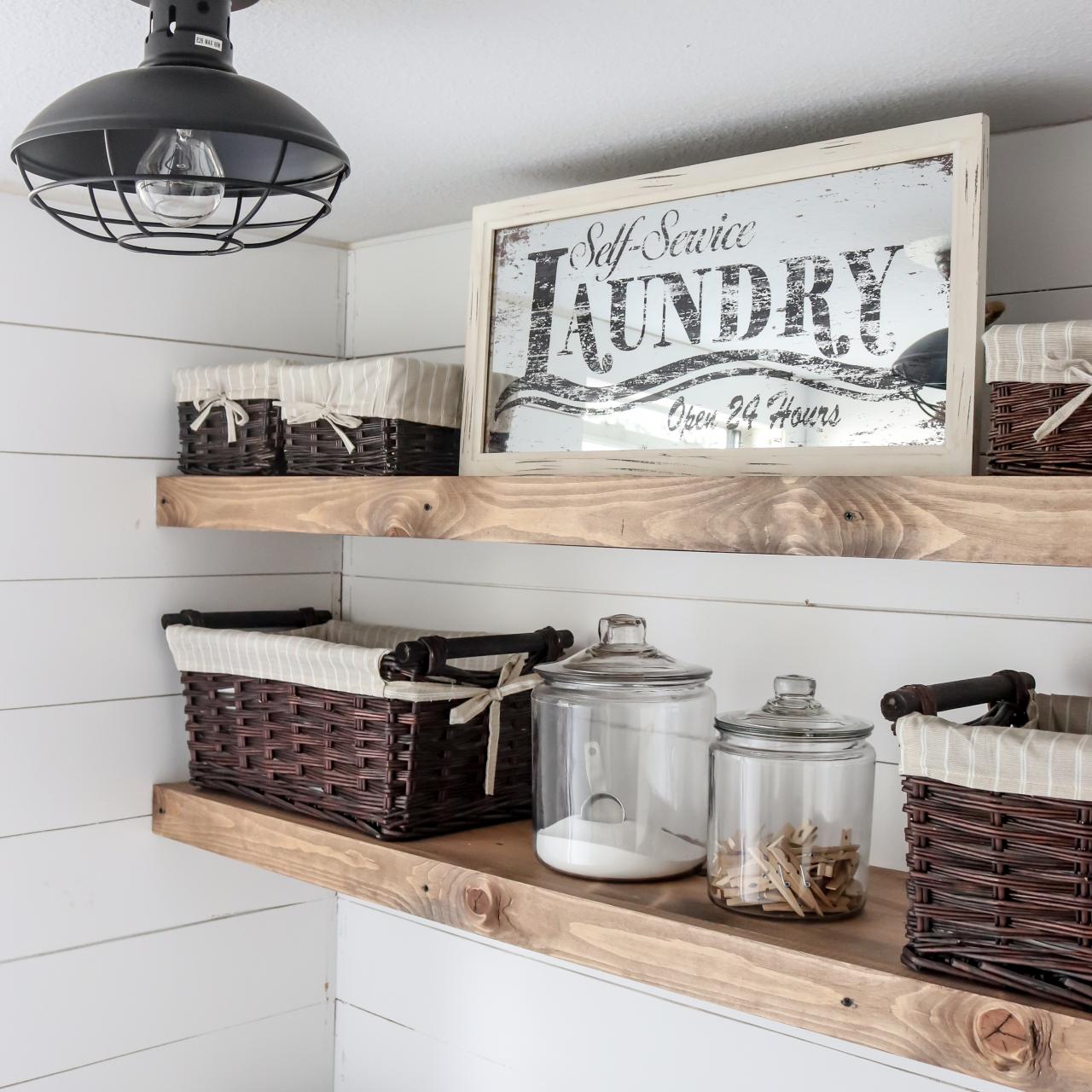 DIY Rustic Farmhouse Laundry Room Floating Shelves