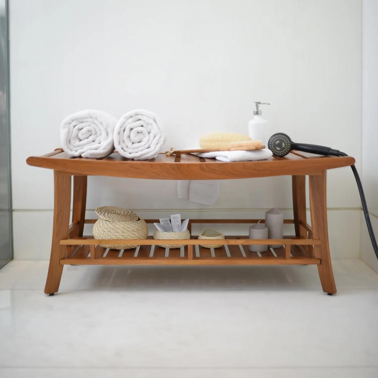 Dussi Solid Teak Wood Large Shower Bench Stool with Shelf Cambridge