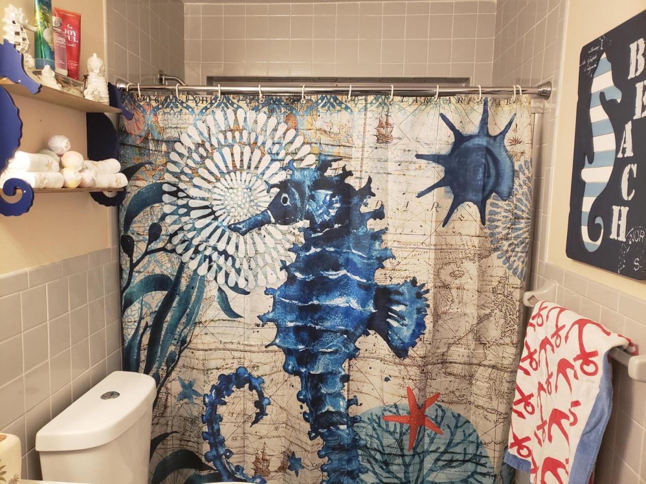 Seahorse Shower Curtain Vintage Ocean Underwater Green Bathroom Decor