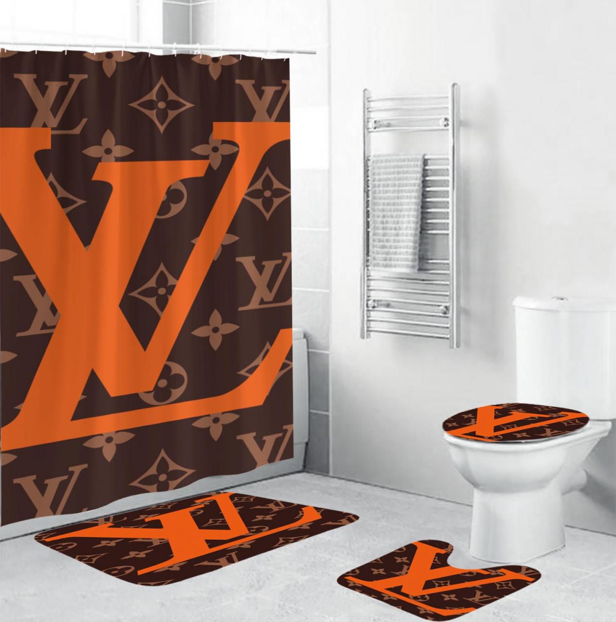 Louis Vuitton Big Orange Logo Bathroom Set With Shower Curtain REVER