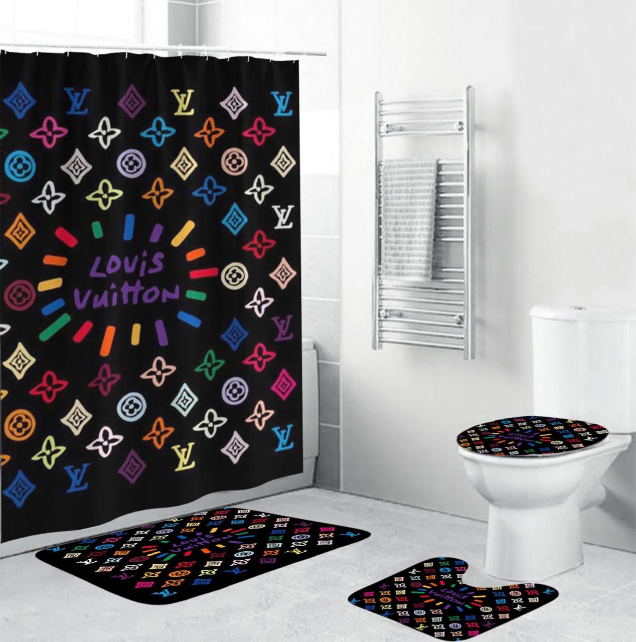 Louis Vuitton Colorful Hand Drawing Bathroom Set With Shower Curtain