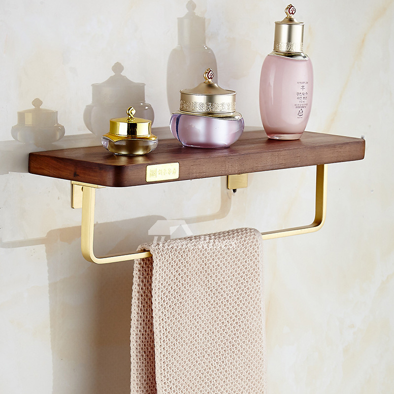 Luxury Walnut Wooden Bathroom Shelf With Towel Bar, Unique Brushed
