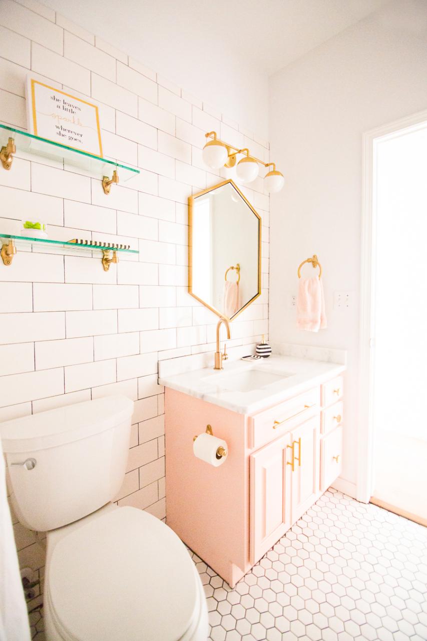 Modern Glam Blush Girls Bathroom Design CC and MIke Design Blog