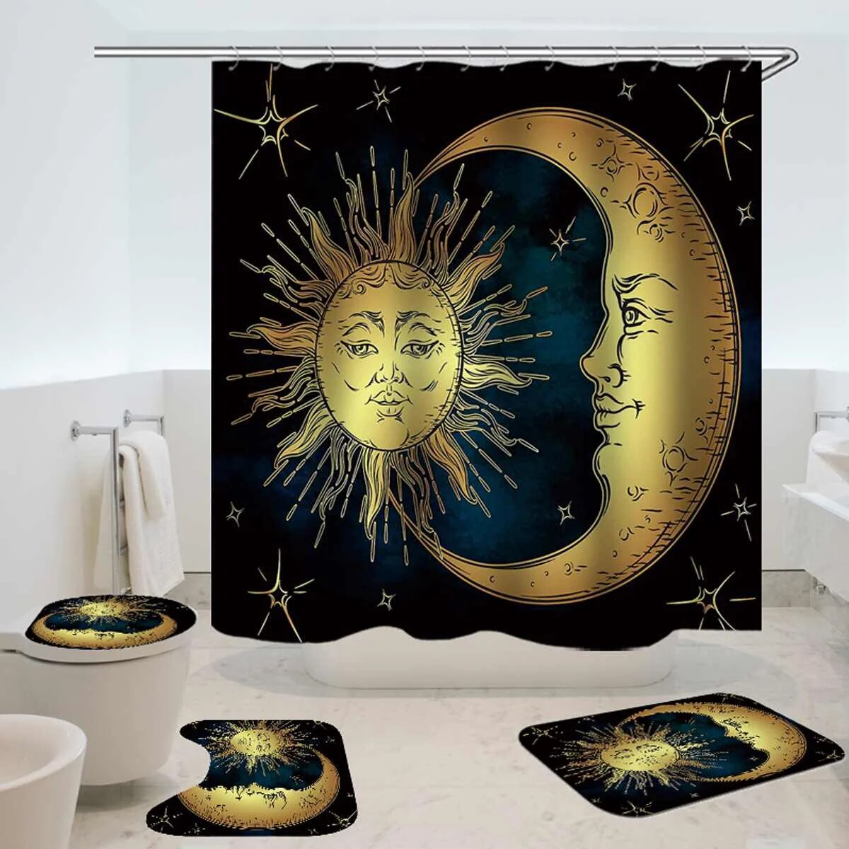 New Pattern Shower Curtain Sun Moon Bathroom Curtain Rugs Set