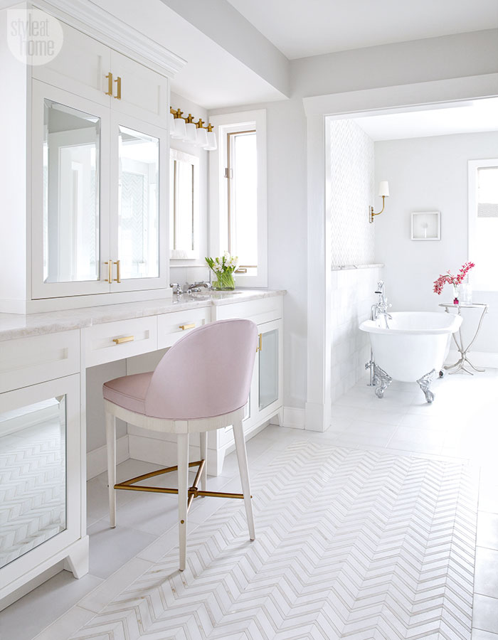 A Feminine & Glamorous Pink and White Bathroom!