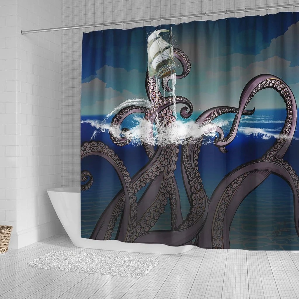 Kraken Themed Shower Curtains Pirate Ship Attacked By Giant Kraken