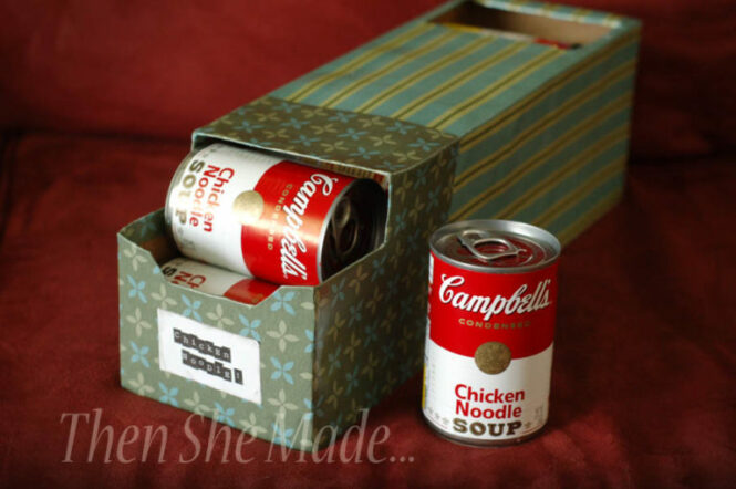 Reuse empty soda boxes to create handy storage for your canned goods