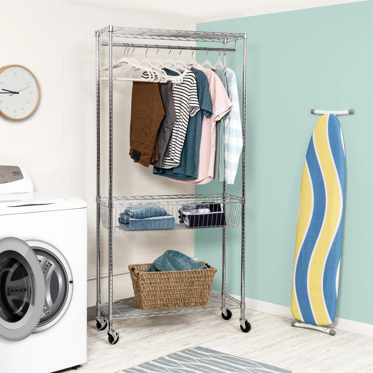 Rolling Laundry Clothes Rack with Shelves, Chrome