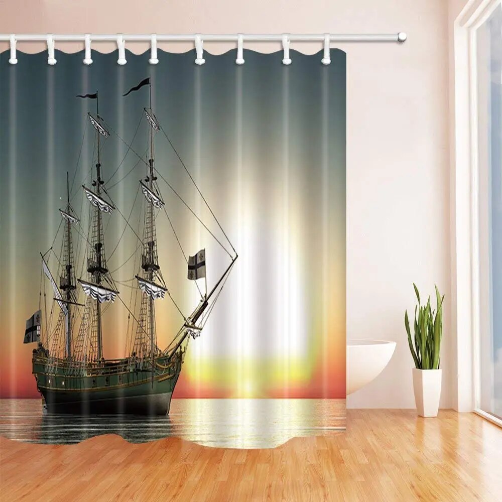 Sailboat Decor Nautical Tall Ships Boat at Sunset Shower Curtain