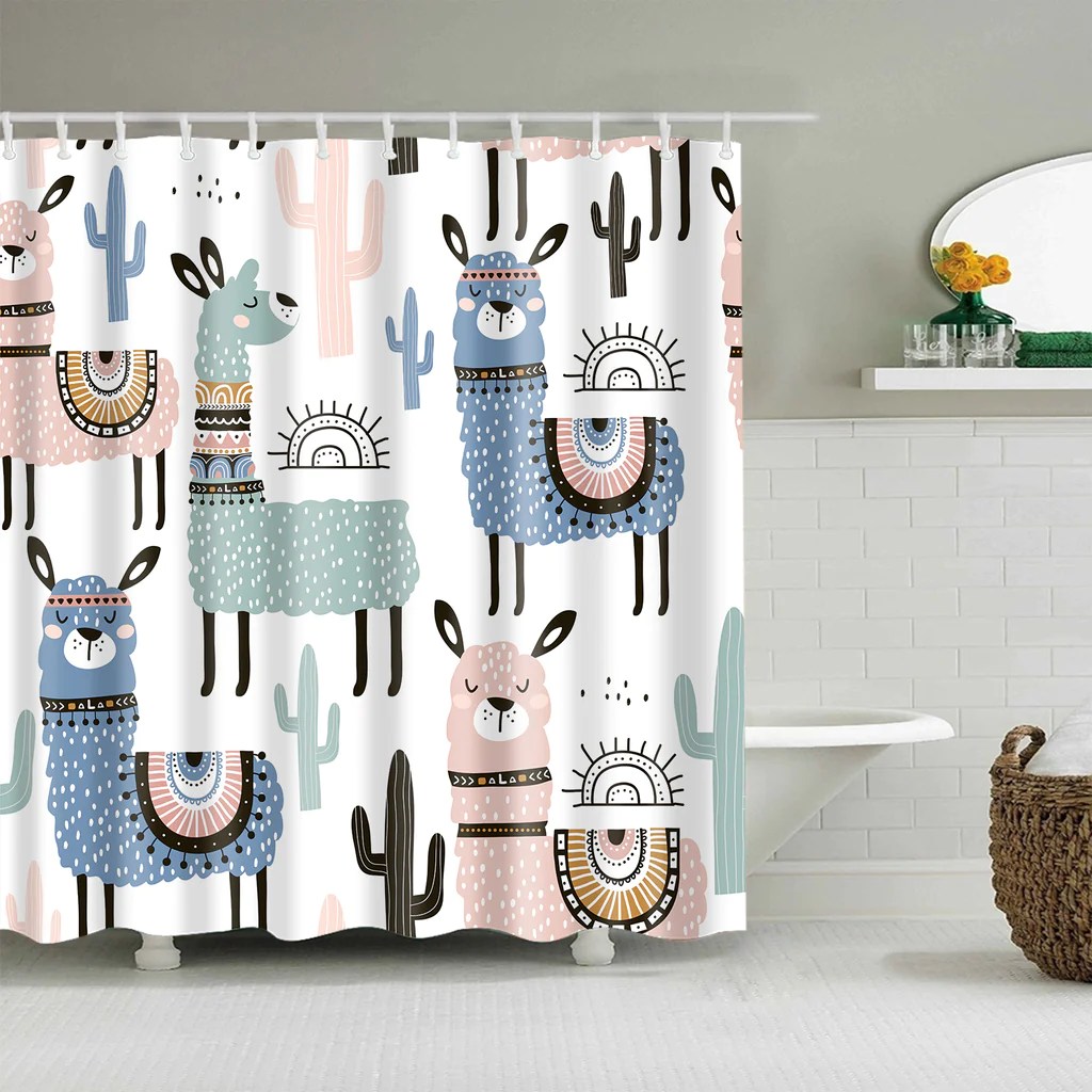 Seamless Llama Cactus Shower Curtain Cute Animal with Cactus Bathroom