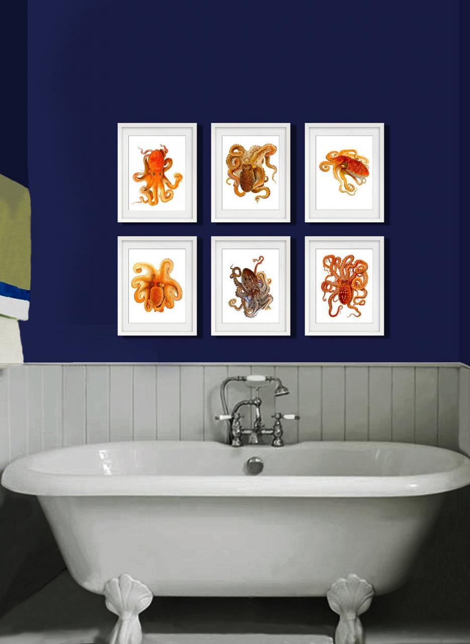 Set of 6 octopus wall prints octopus wall art octopus bathroom decor
