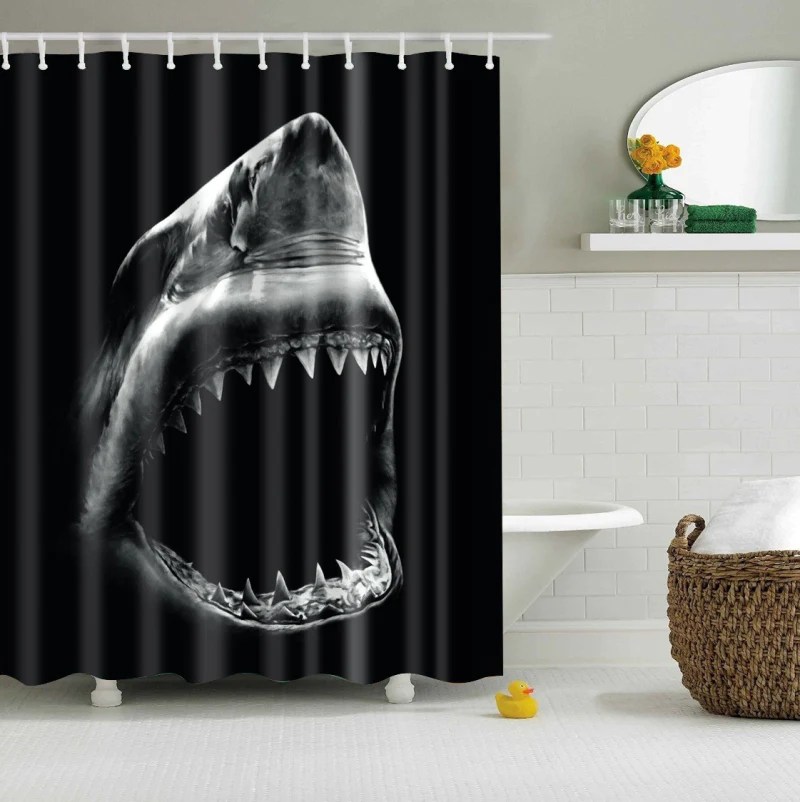 Shark Shower Curtain, Black Backdrop Shark Jaws Bathroom Decor