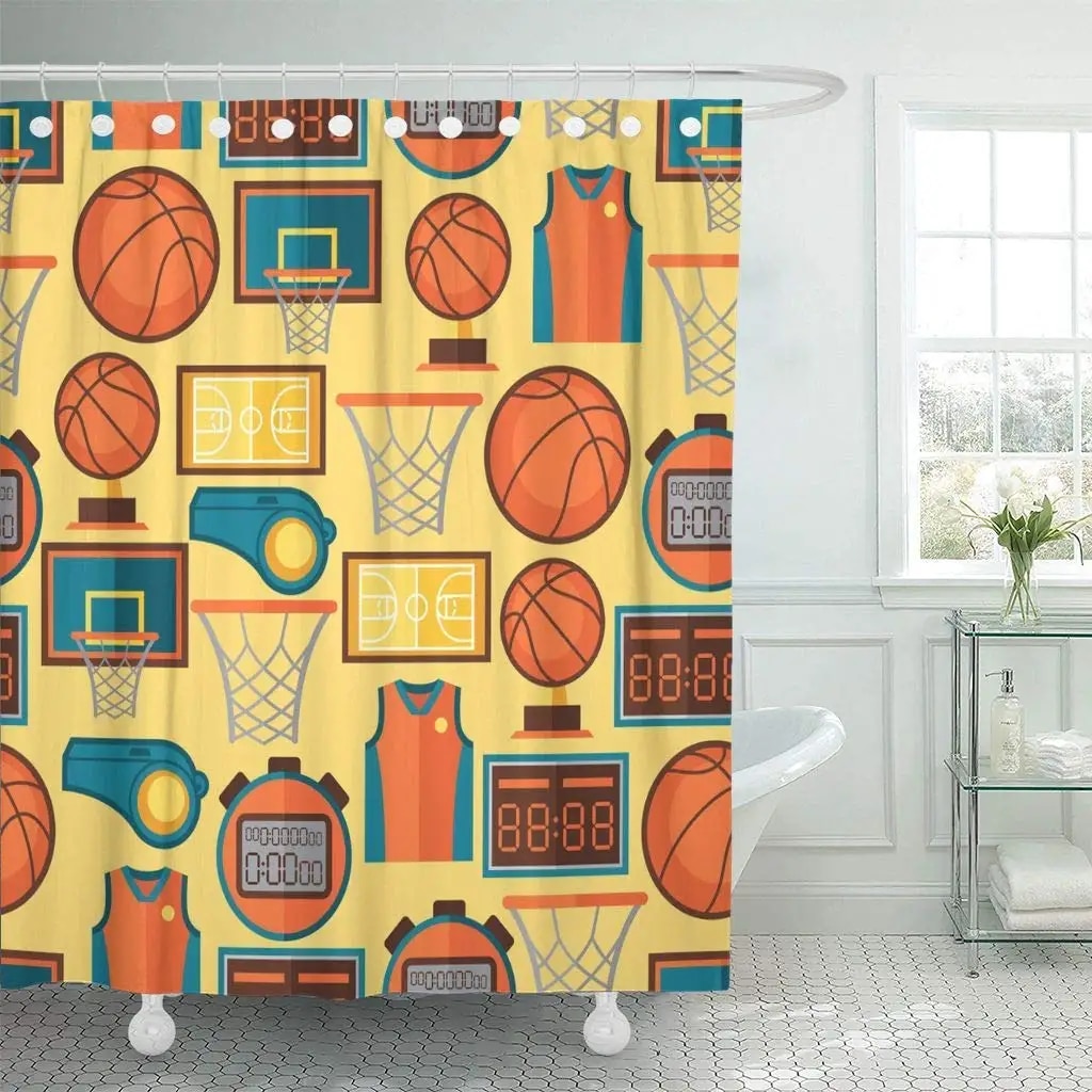 Shower Curtain with Hooks Basket Sports with Basketball in Flat Style