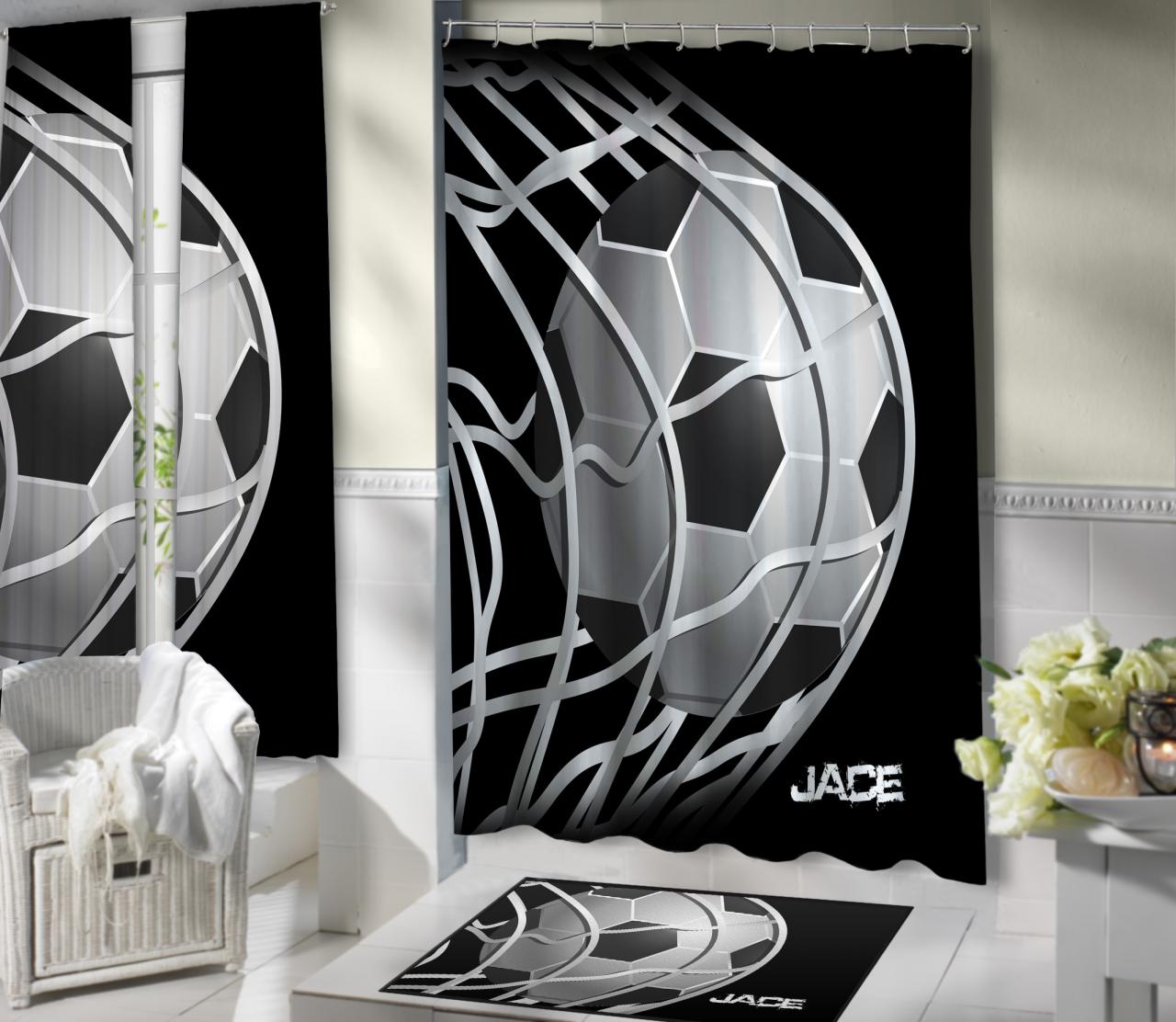 Black and White Soccer Themed Shower Curtain, great Sports Shower