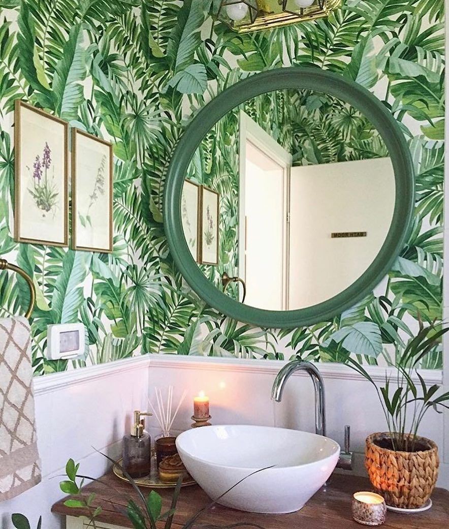 Tropical Green Powder Room Palm leaf wallpaper, Banana leaf wallpaper