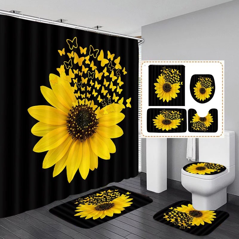 Sunflower Butterfly Printing Bath Waterproof Shower Curtains or Non