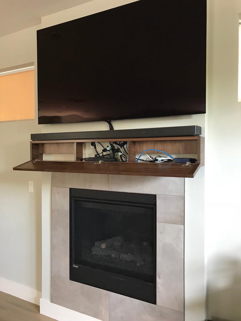 Modern Walnut Fireplace Mantel with Drop Front Shelf Hidden Etsy