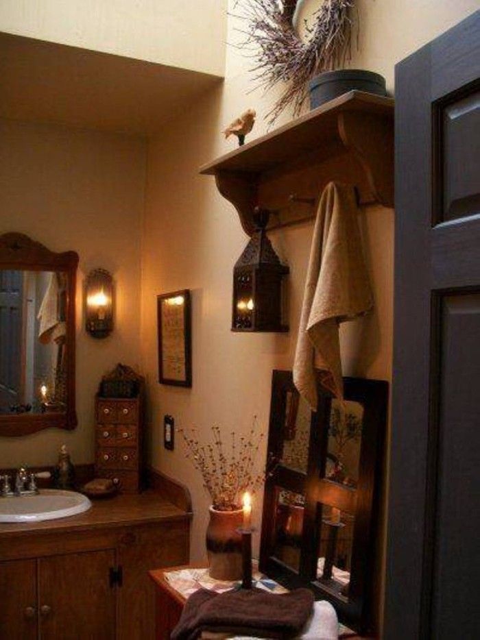 Primitive Bathroom Decor With Dry Wreath And Wooden Hook With Shelf
