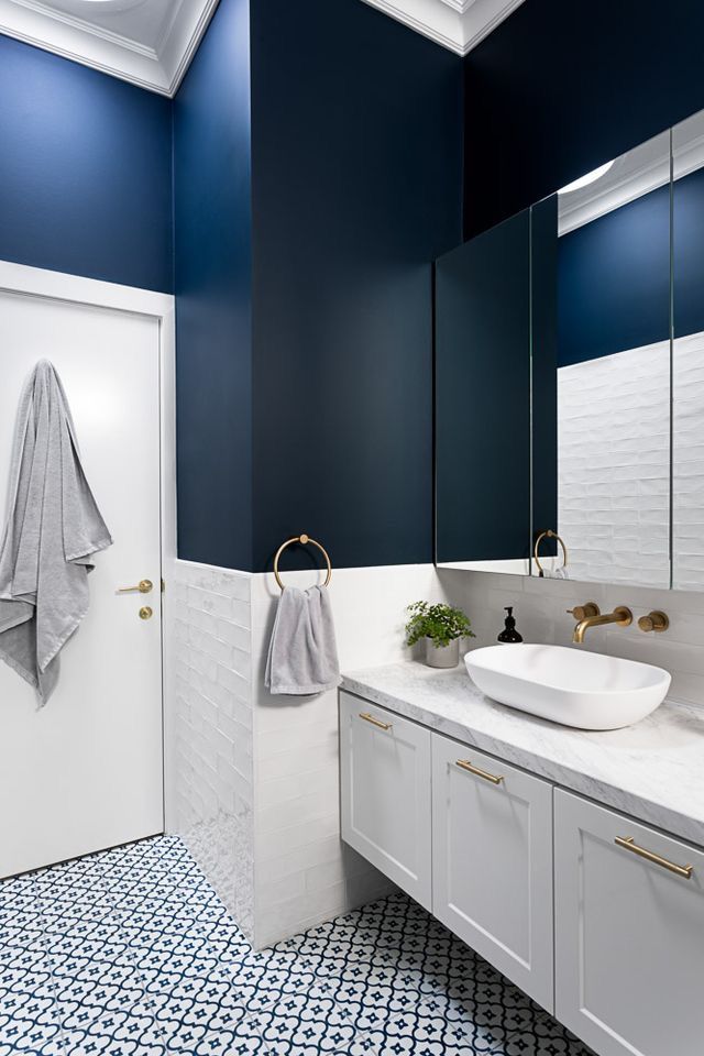 Classic bathroom in dark blue Small bathroom makeover, Bathroom