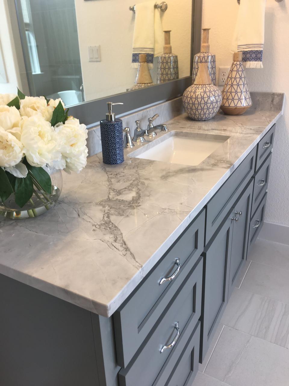 Master bathroom color with Grey Goose Quartzite countertops