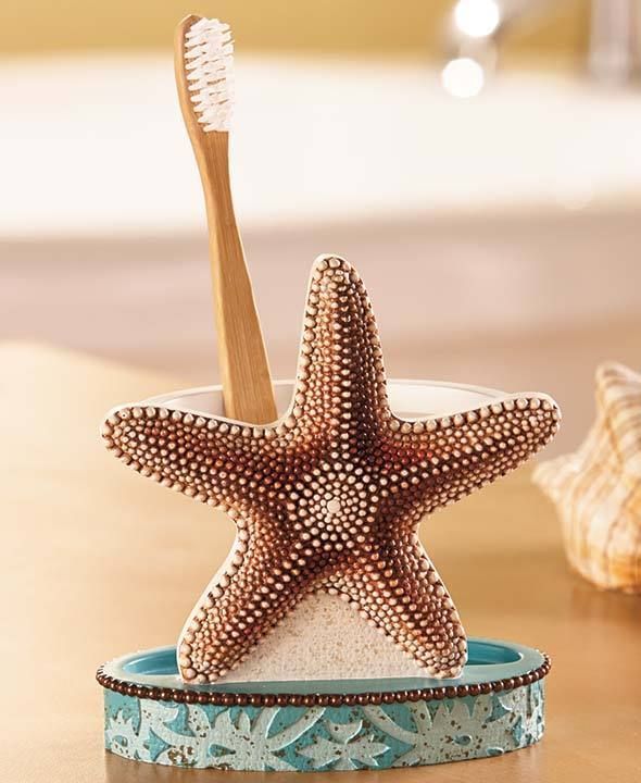 Coastal Starfish Toothbrush Holder Sea Shell Rustic Decor Beach Ocean