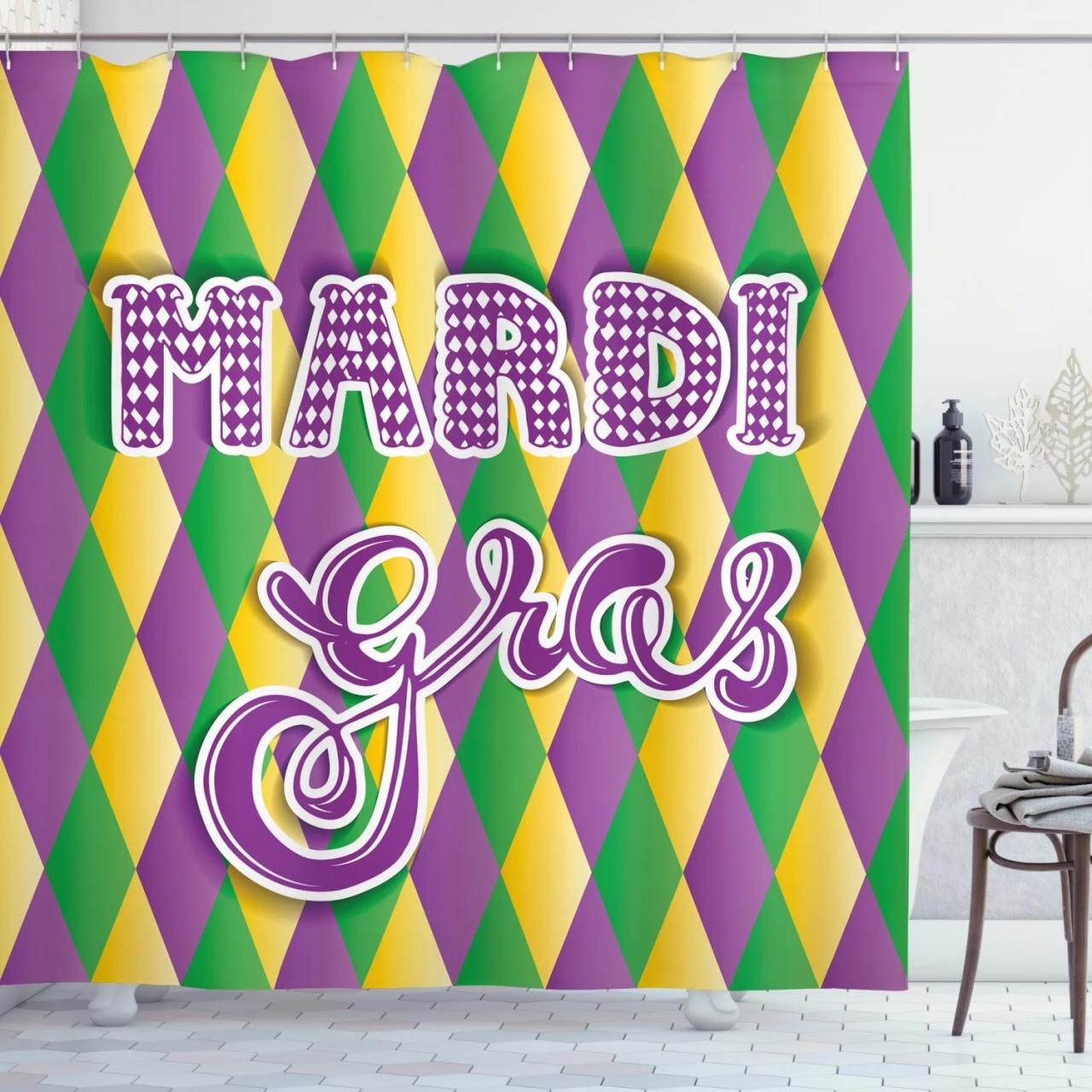 Mardi Gras Shower Curtain, Stylized Mardi Gras Lettering on Classical