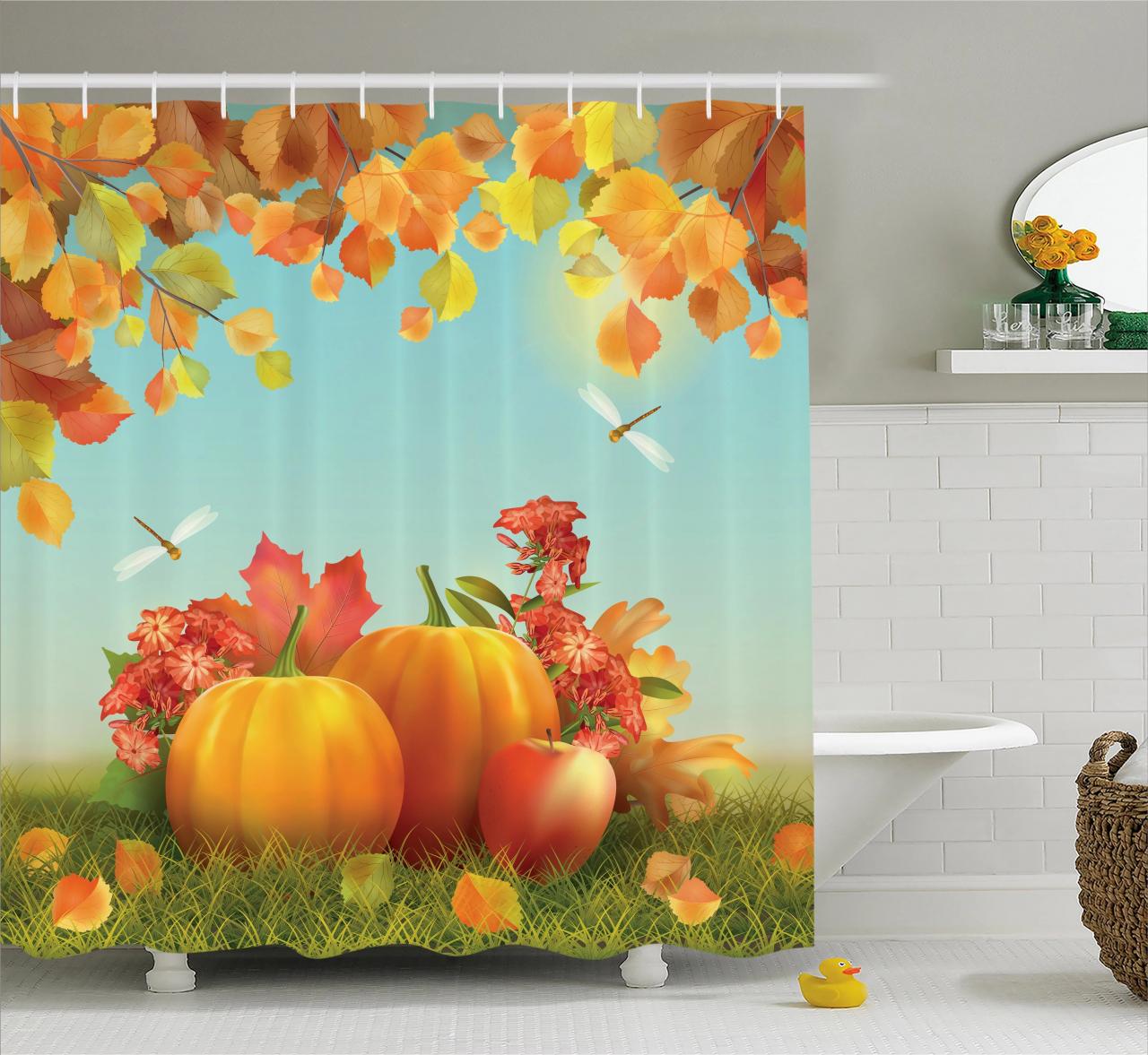 Harvest Shower Curtain, Fall Season Yield Thanksgiving Image Fallen
