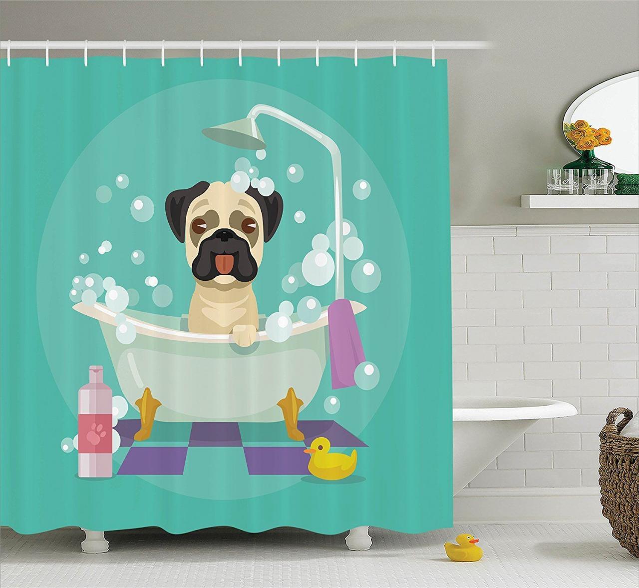 Cute Pug Dog Taking A Bath In A Bathtub Waterproof Shower Curtain Pug