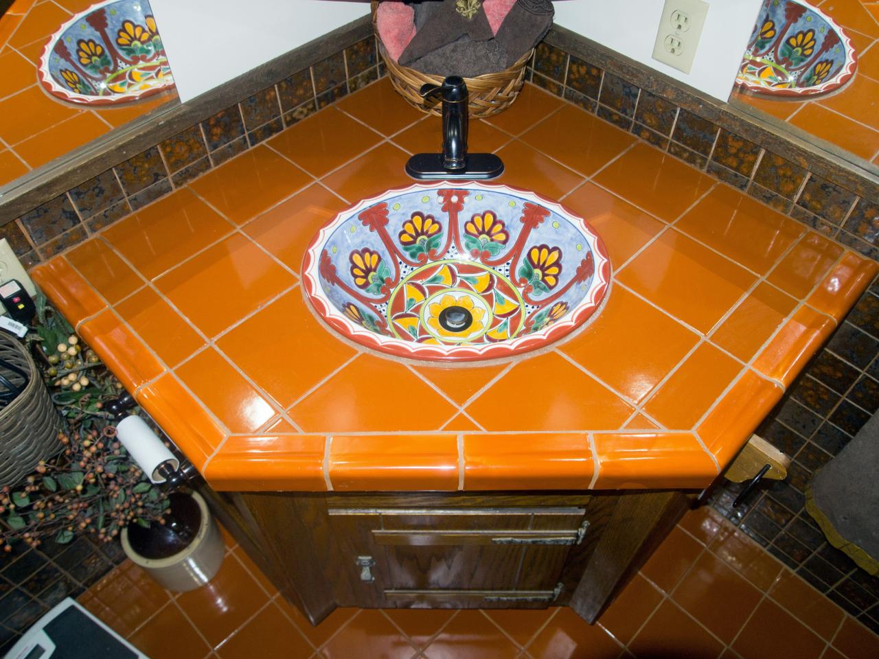 Mexican sink installation in the bathroom. Mexican tile bathroom