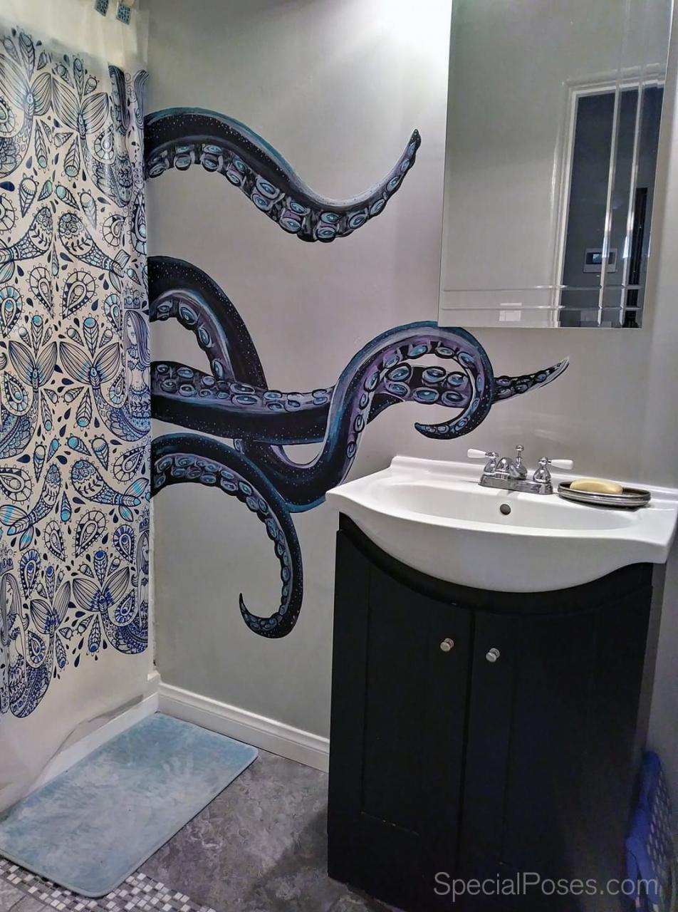 Octopus bathroom hand painted. Beautiful addition to my Beach themed