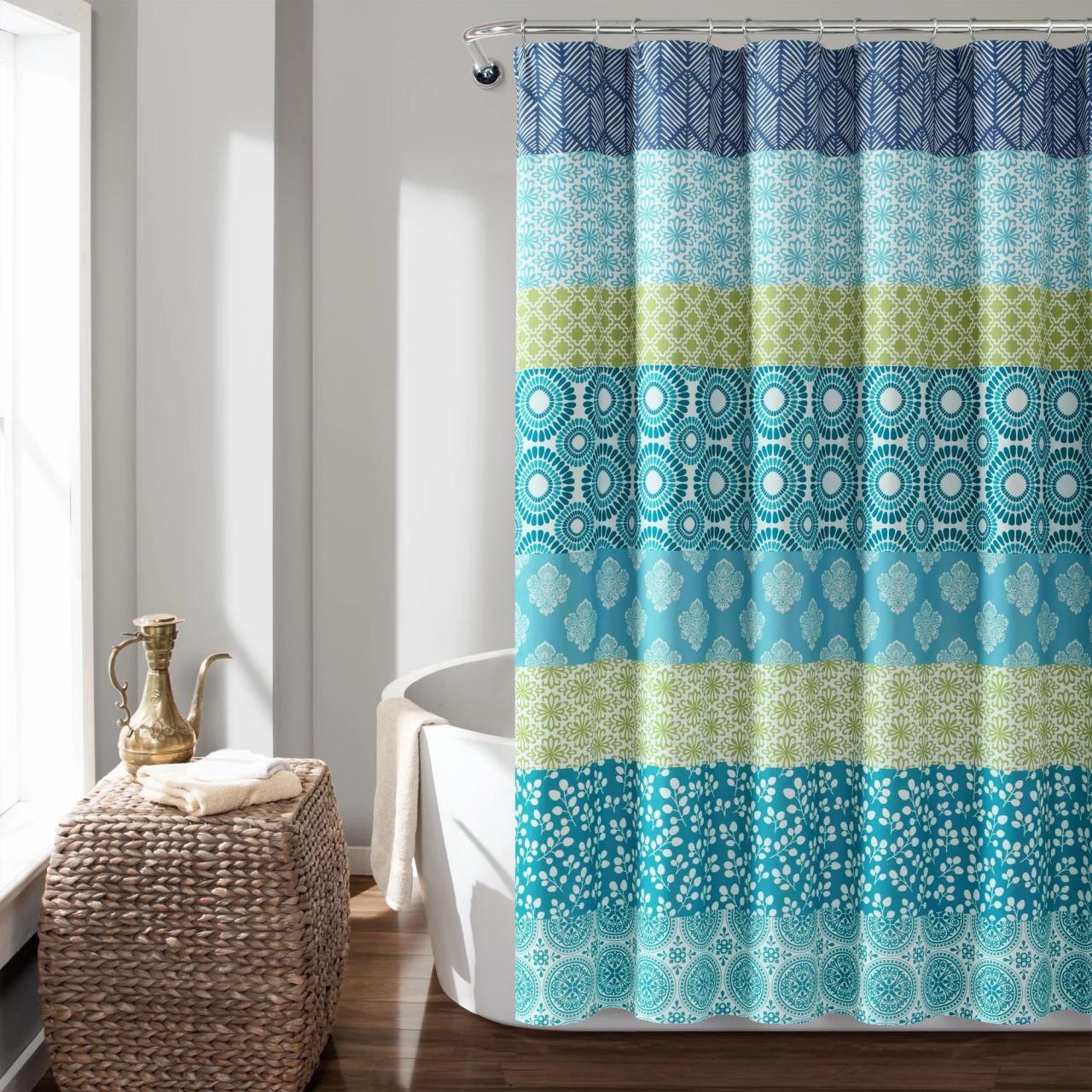 Lush Decor Bohemian Stripe Print Polyester Shower Curtain, 72x72, Blue