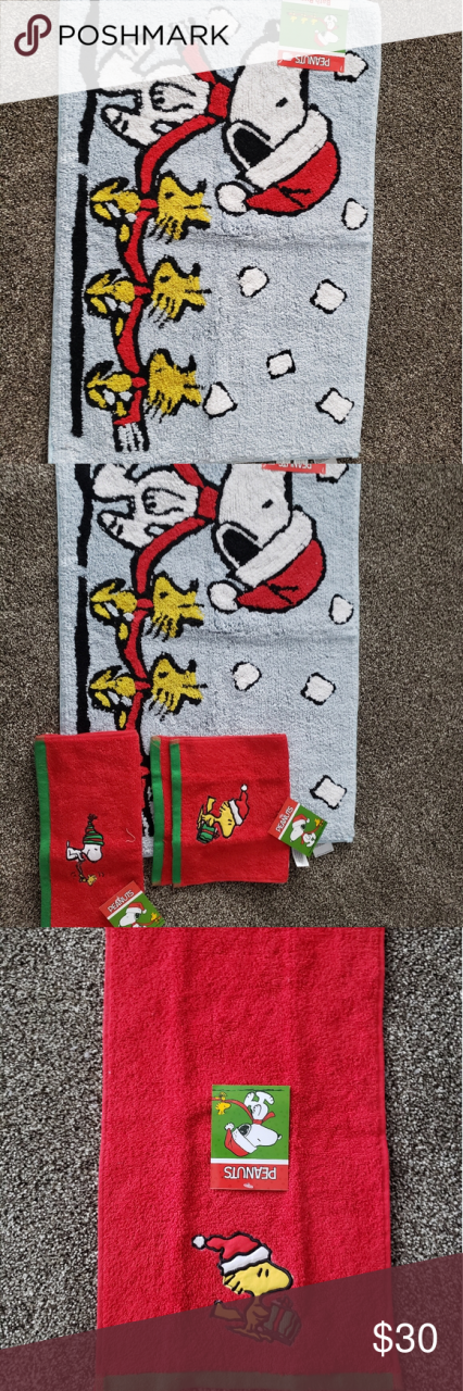 Peanuts Snoopy Christmas scene bath rug towels NWT in 2020 Christmas