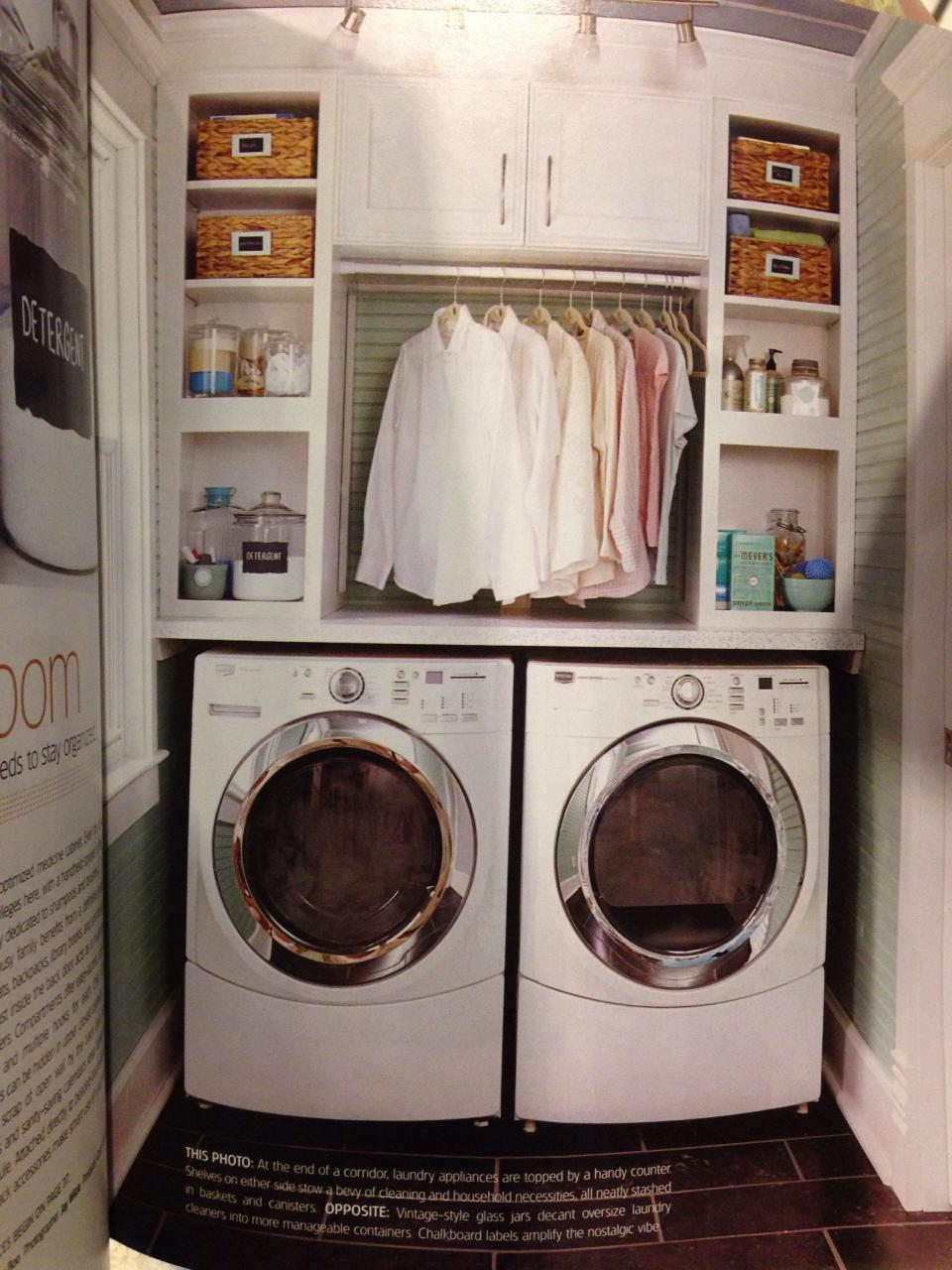 BuiltIn above the washer and dryer with baskets, canisters