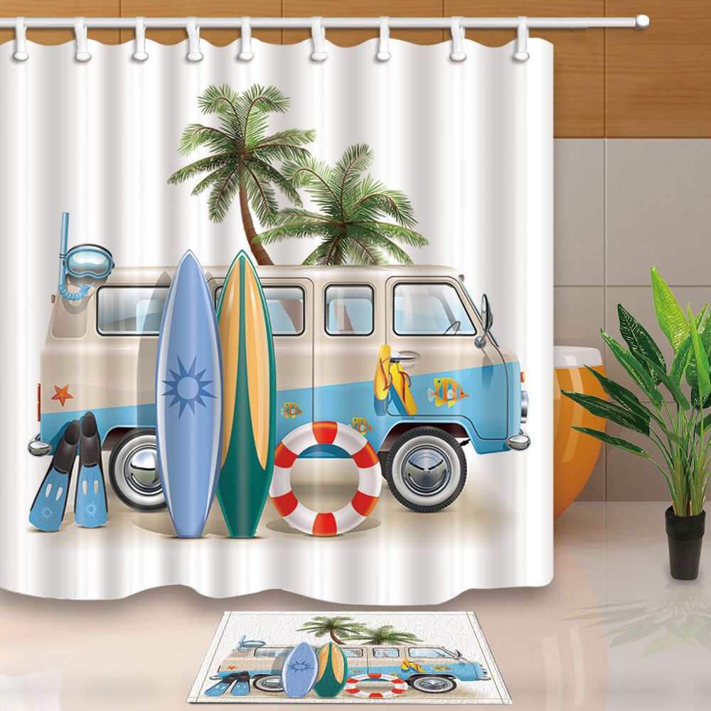 Diving And Surfing Bathroom Shower Curtain Waterproof Fabric W/12 Hooks