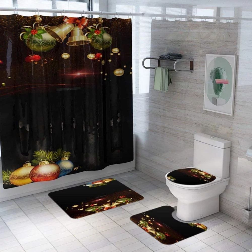 4 PCS Christmas Bathroom Decorations Set Toilet Seat Cover Rug Shower