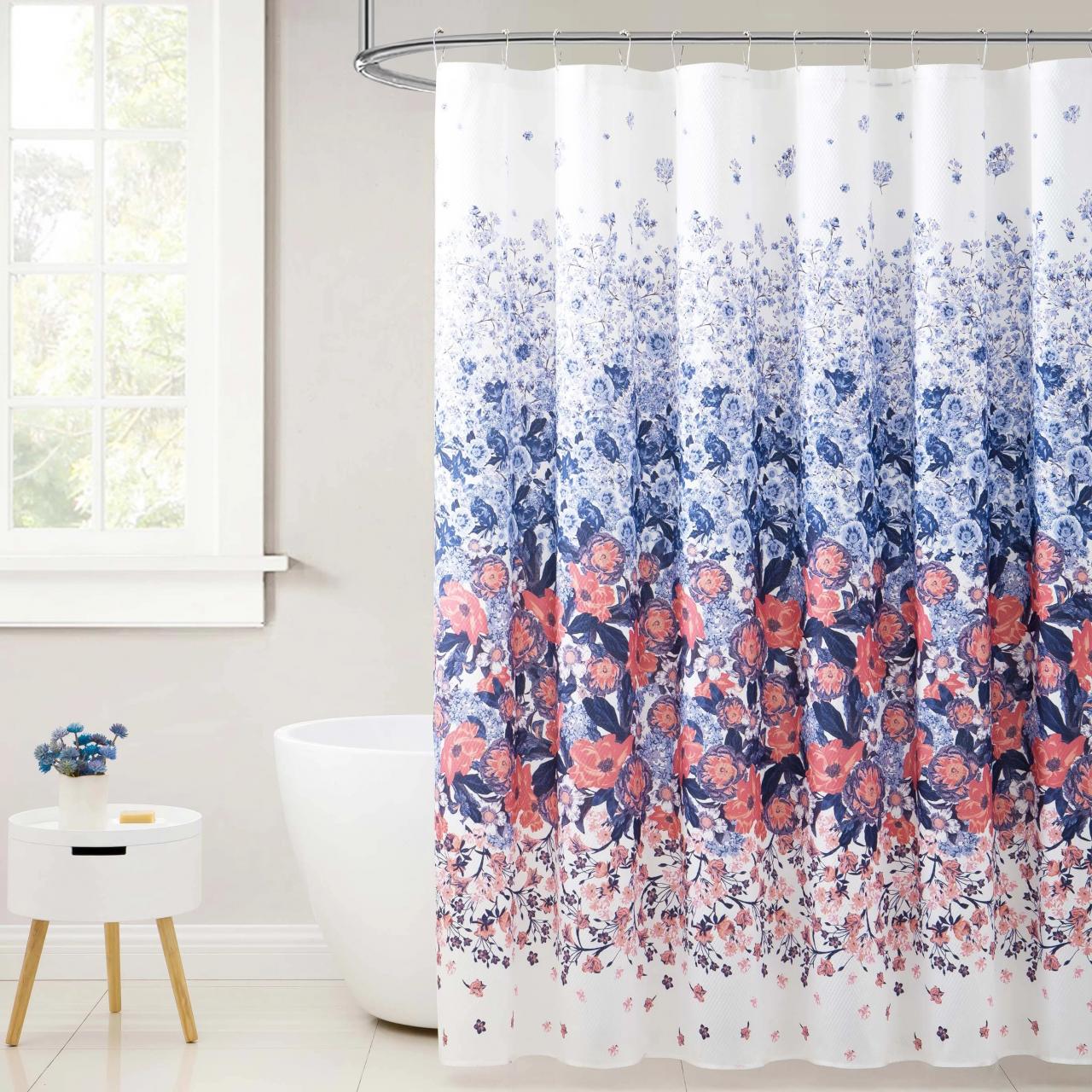 Fabric Shower Curtain for Bathroom White with Navy and Orange Coral