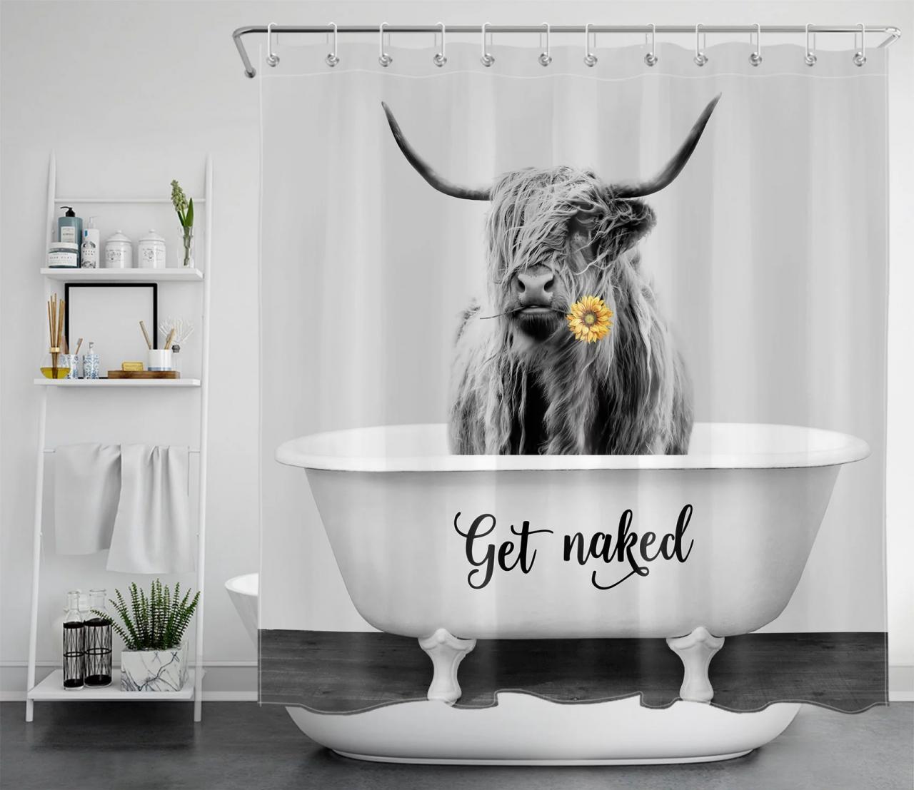 HVEST Highland Cow Get Naked Shower Curtain for Bathroom Decor